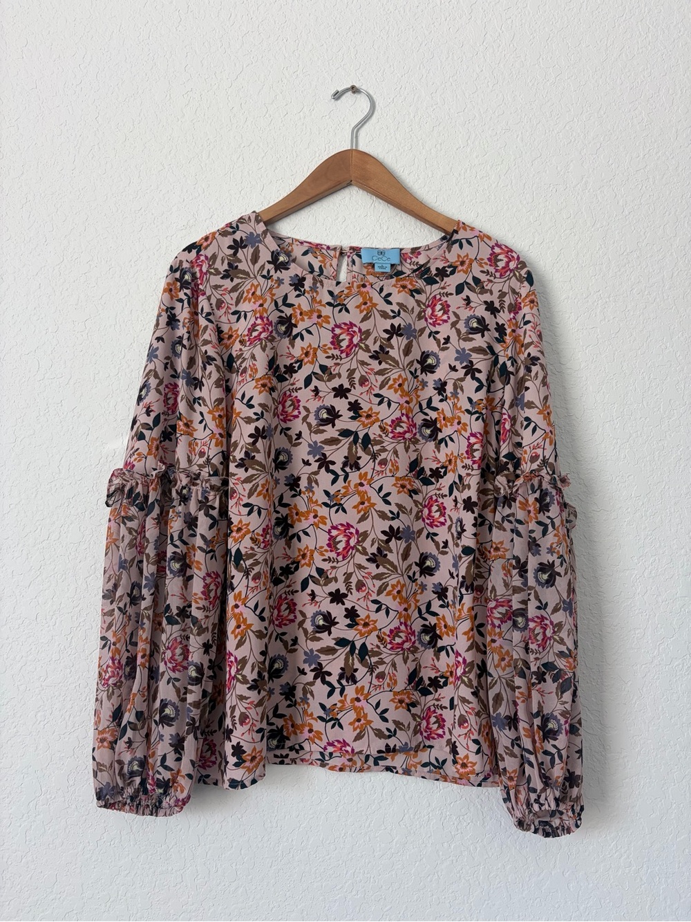 CeCe L Floral Long-Sleeve Blouse in Blush Pink